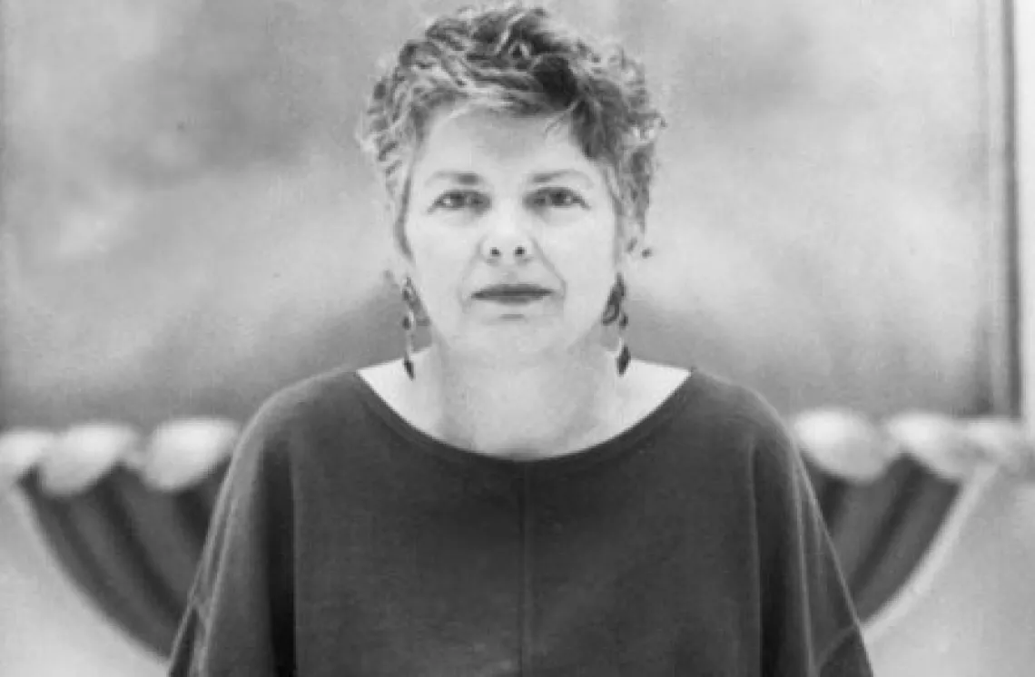 photo of Minnie Bruce Pratt in black and white with short wavy hair and a flowing shirt